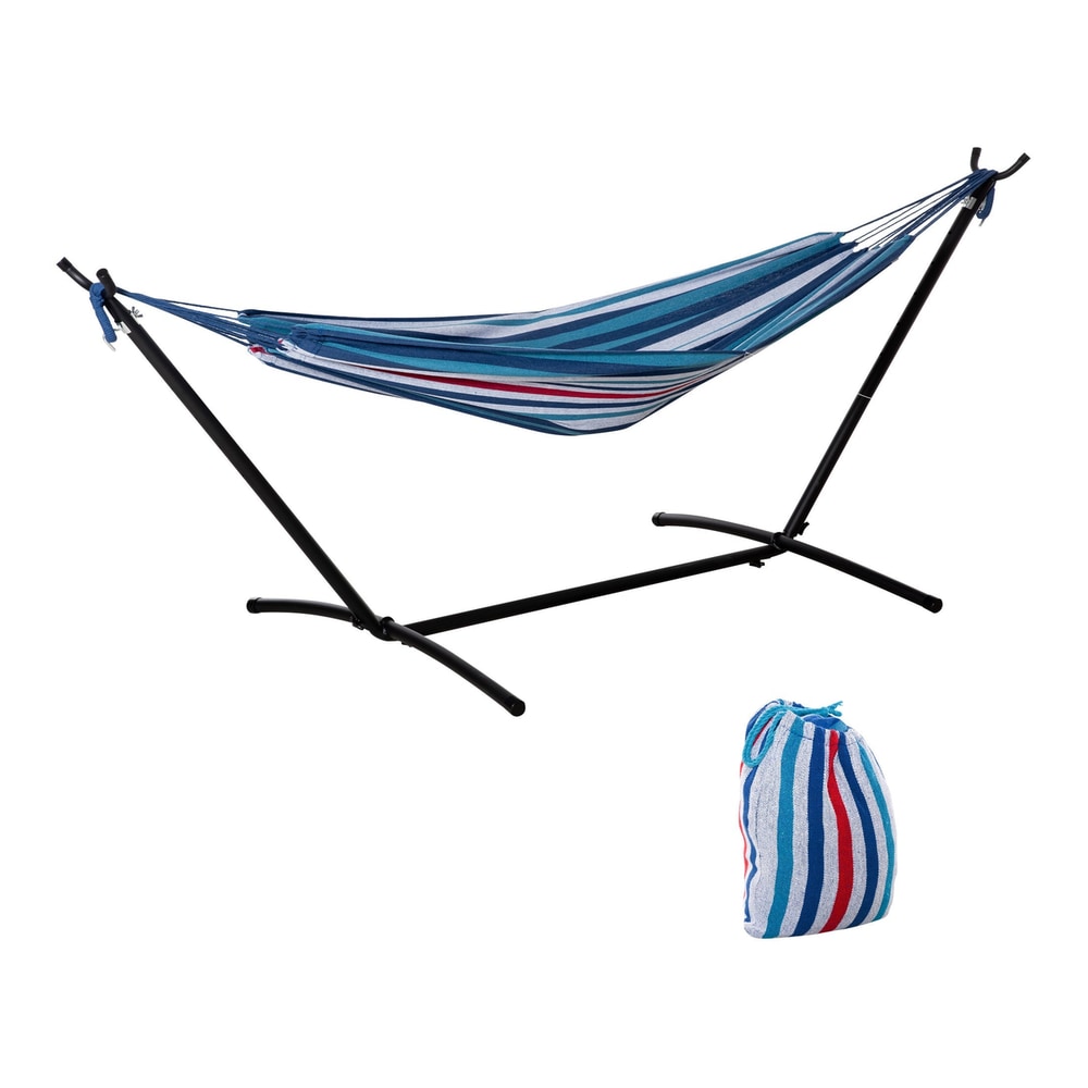 Outsunny Hammock with blue and white stripes and a black metal stand, with a carrying bag beside it