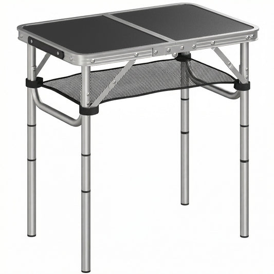 Outsunny 2ft Folding Camping Table, a black camping table with a mesh storage layer and silver legs