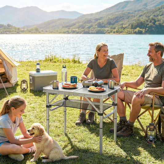A family and their dog enjoying a picnic by a lake, with the camping table set up