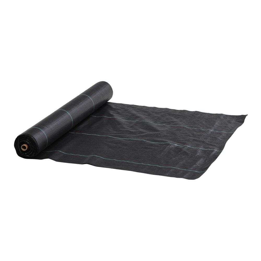 Outsunny Heavy Duty Weed Control Membrane, a black roll of weed control fabric with blue lines