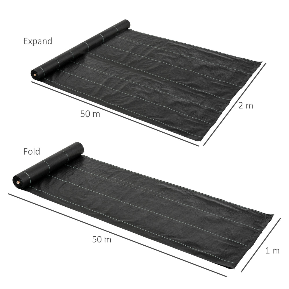 Dimensions of the weed control barrier fabric shown in expanded and folded states