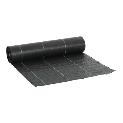 Outsunny Weed Control Membrane rolled out on a white background showing the black fabric and green lines