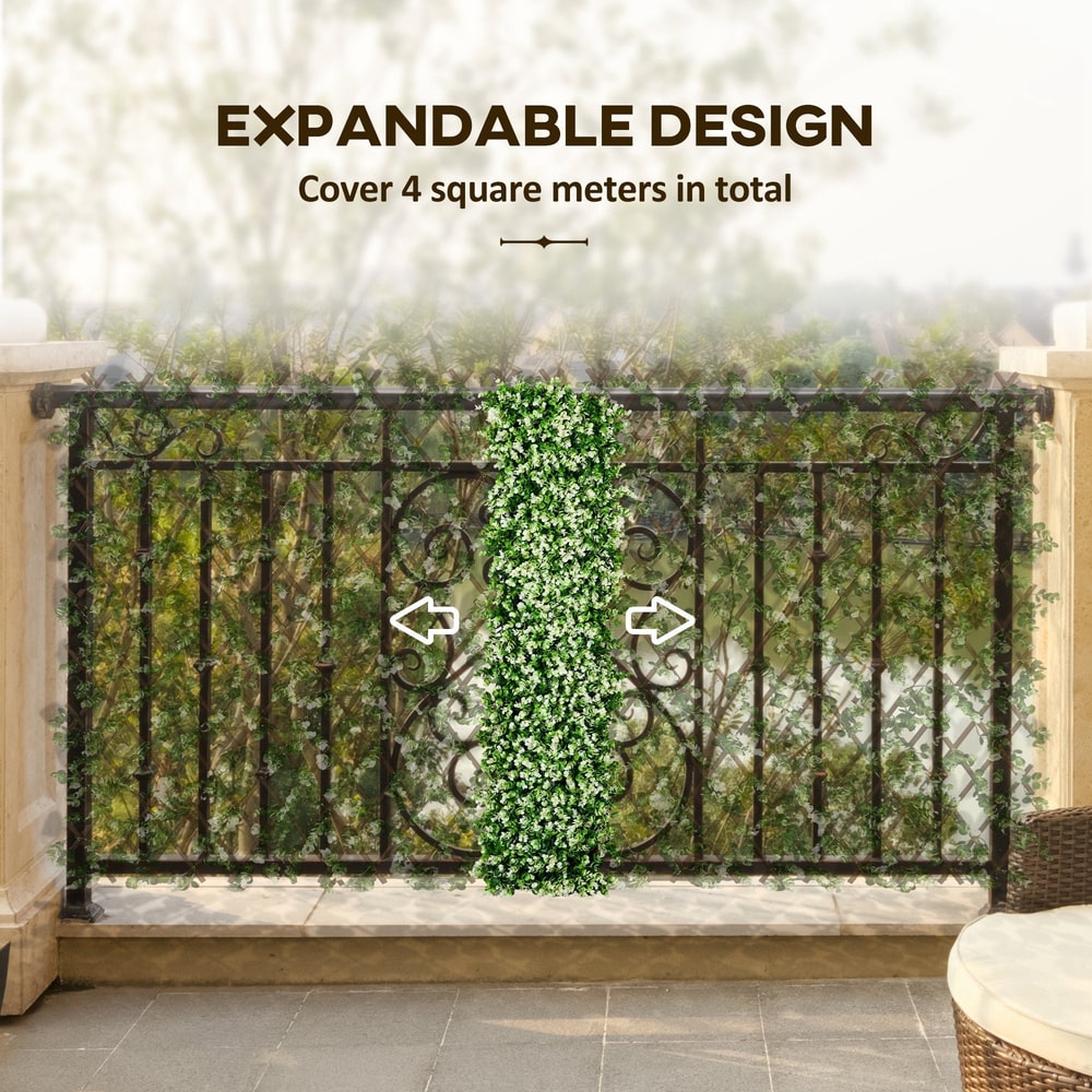 The expanding garden trellis shown covering a metal fence for privacy
