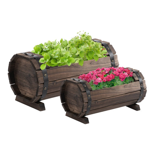 Outsunny 2PCs 56L Wooden Planter Box with two barrel shaped planters side by side