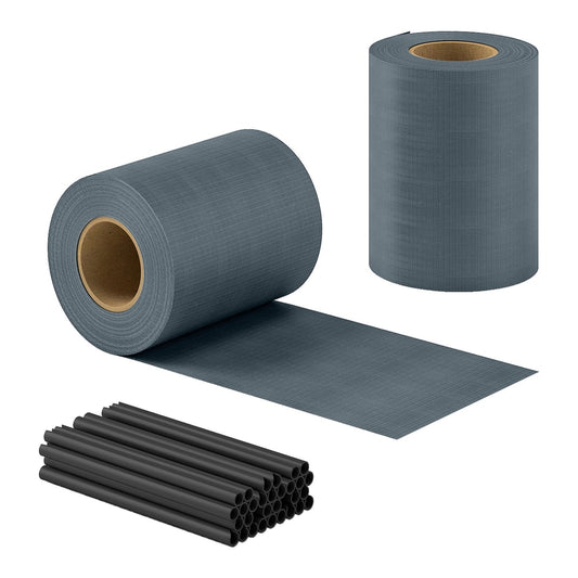 Outsunny 2Pcs Privacy Garden Screen Fence, a roll of grey fencing material and a bundle of black fixing clips