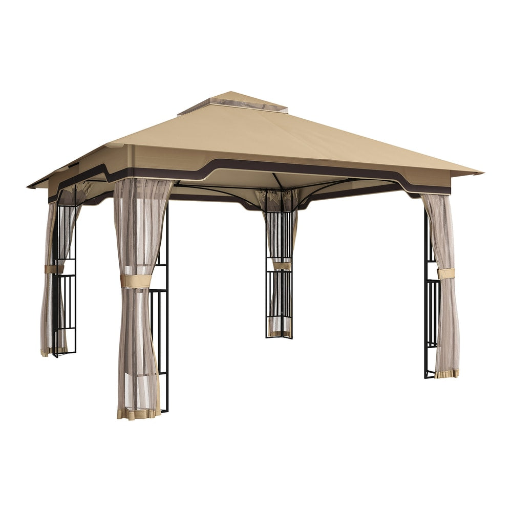 Outsunny 3.3 x 3.3 m Outdoor Garden Gazebo with Post Shelves, UPF50+ Patio Permanent Pavilion with Hook, Khaki