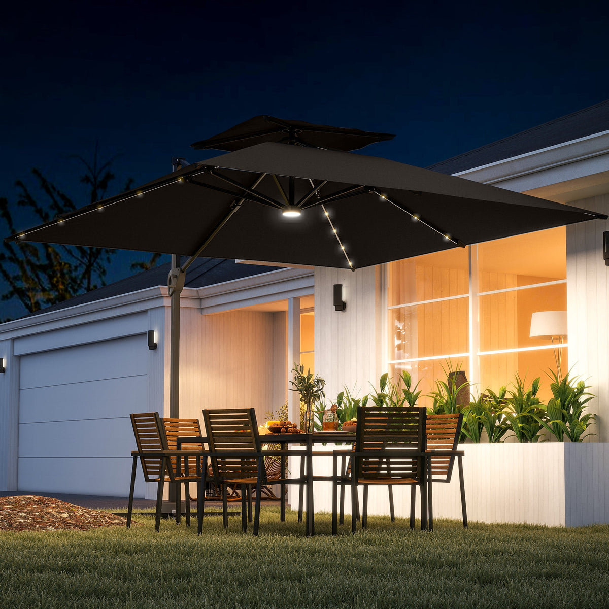 The garden parasol illuminating a patio dining set at night with warm LED lights