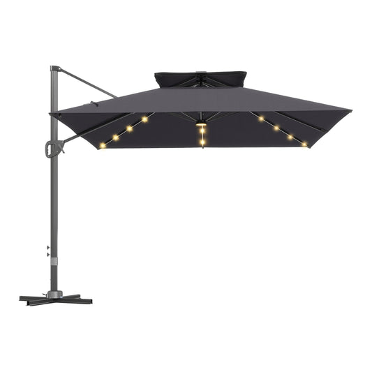 Outsunny Garden Cantilever Parasol in grey with integrated solar LED lights on the canopy ribs