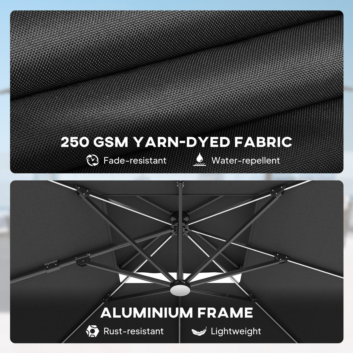 The garden parasol showing close-ups of the fabric texture and the metal frame structure