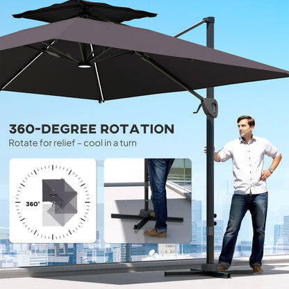 The garden parasol being rotated by a man using the foot pedal on the base