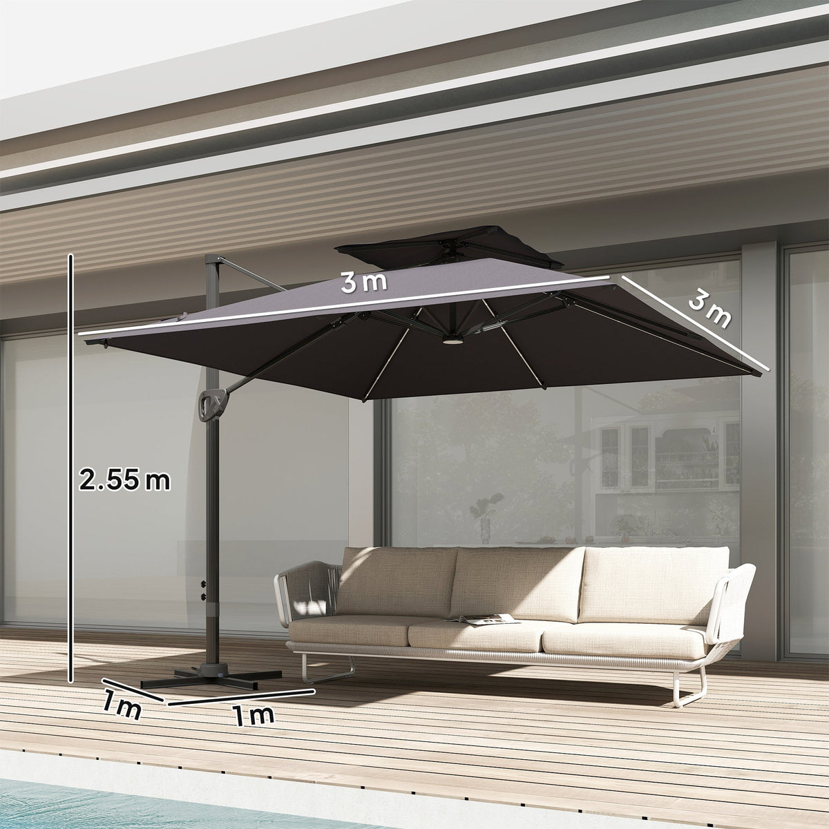 The garden parasol positioned over a sofa on a wooden deck with size labels shown