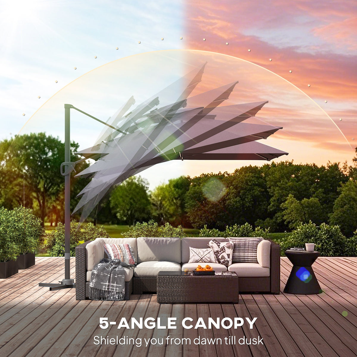 The garden parasol demonstrating the five different tilt angles for sun protection