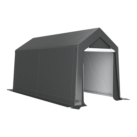 Outsunny Portable Outdoor Shed, a dark grey storage tent with a roll-up front