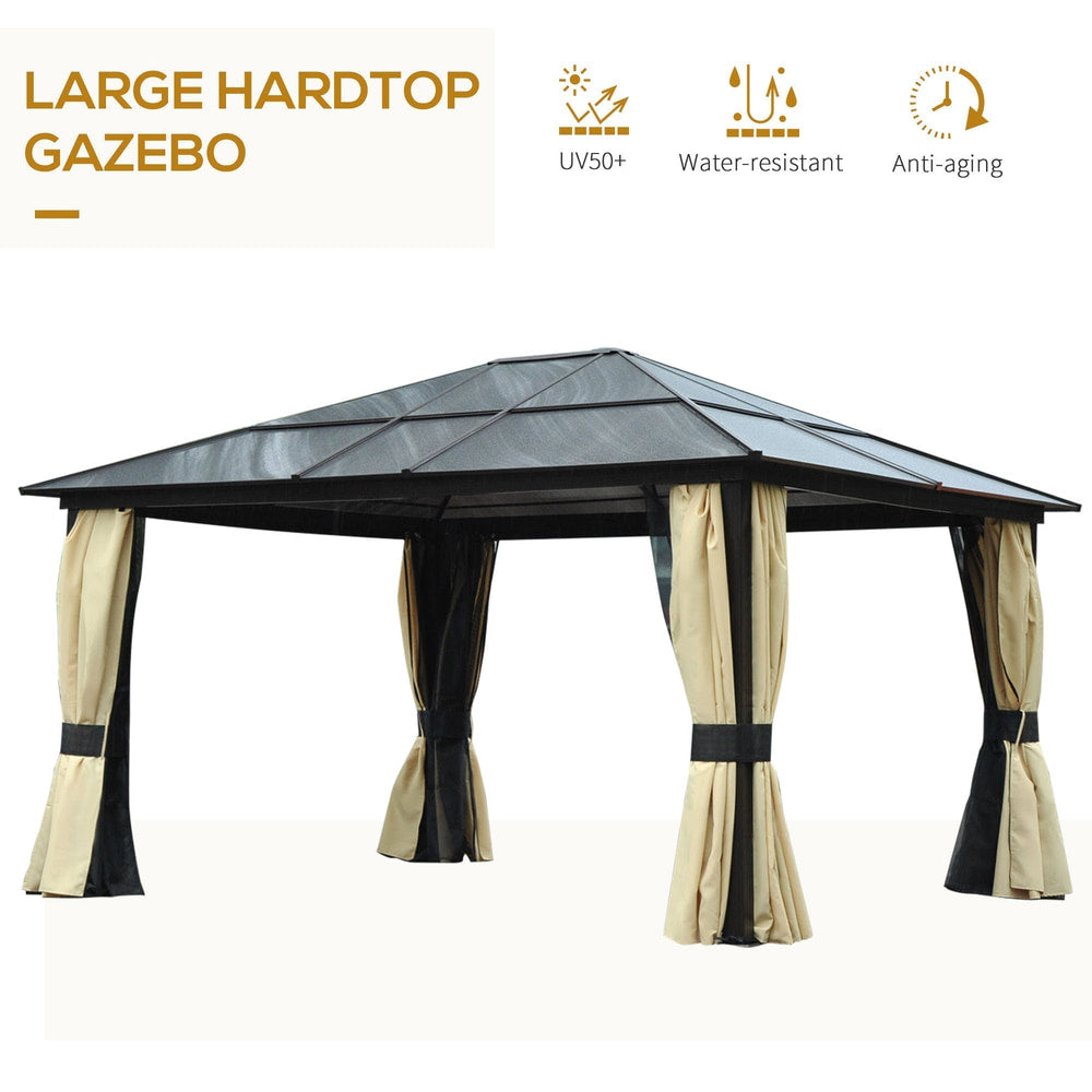 The large hardtop gazebo with curtains tied back