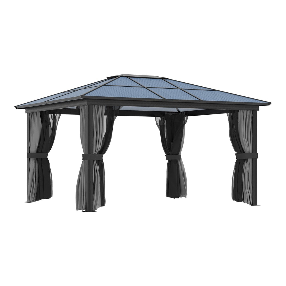 Outsunny Hardtop Gazebo Canopy with Polycarbonate Roof, a dark grey structure with a sloped roof and curtains