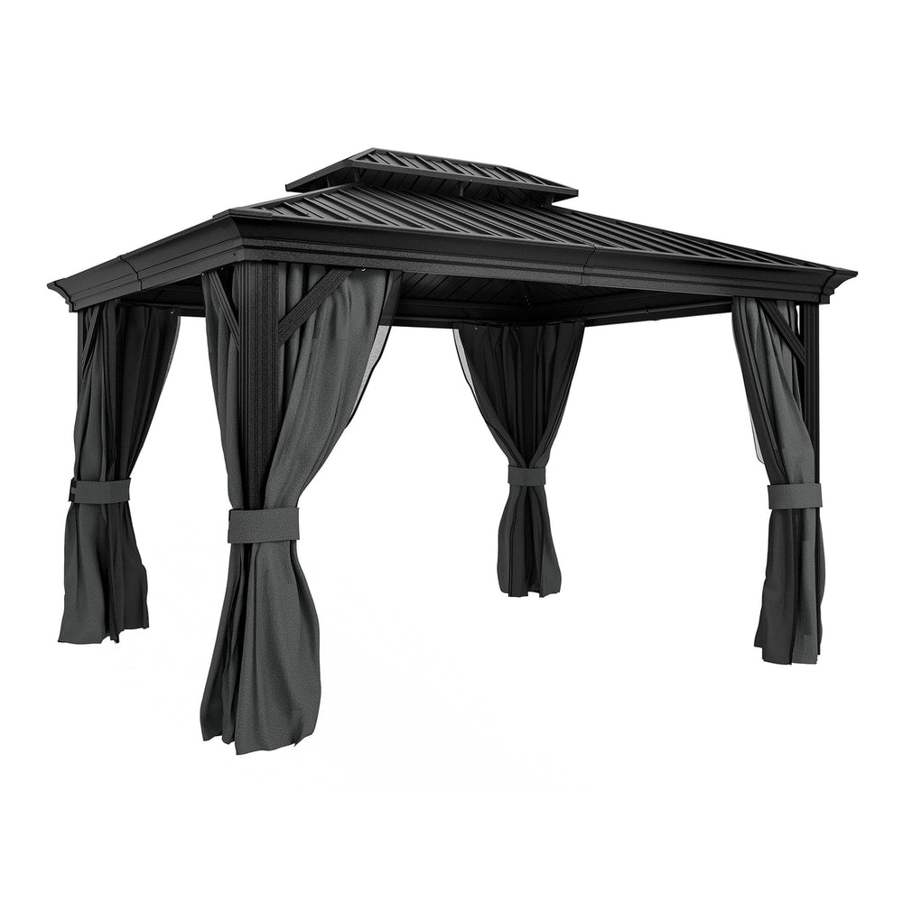 Outsunny Aluminium Hardtop Gazebo, a dark grey structure with a double-tiered roof and curtains