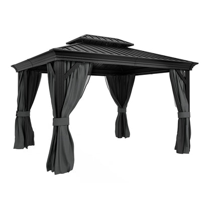 Outsunny Aluminium Hardtop Gazebo, a dark grey structure with a double-tiered roof and curtains