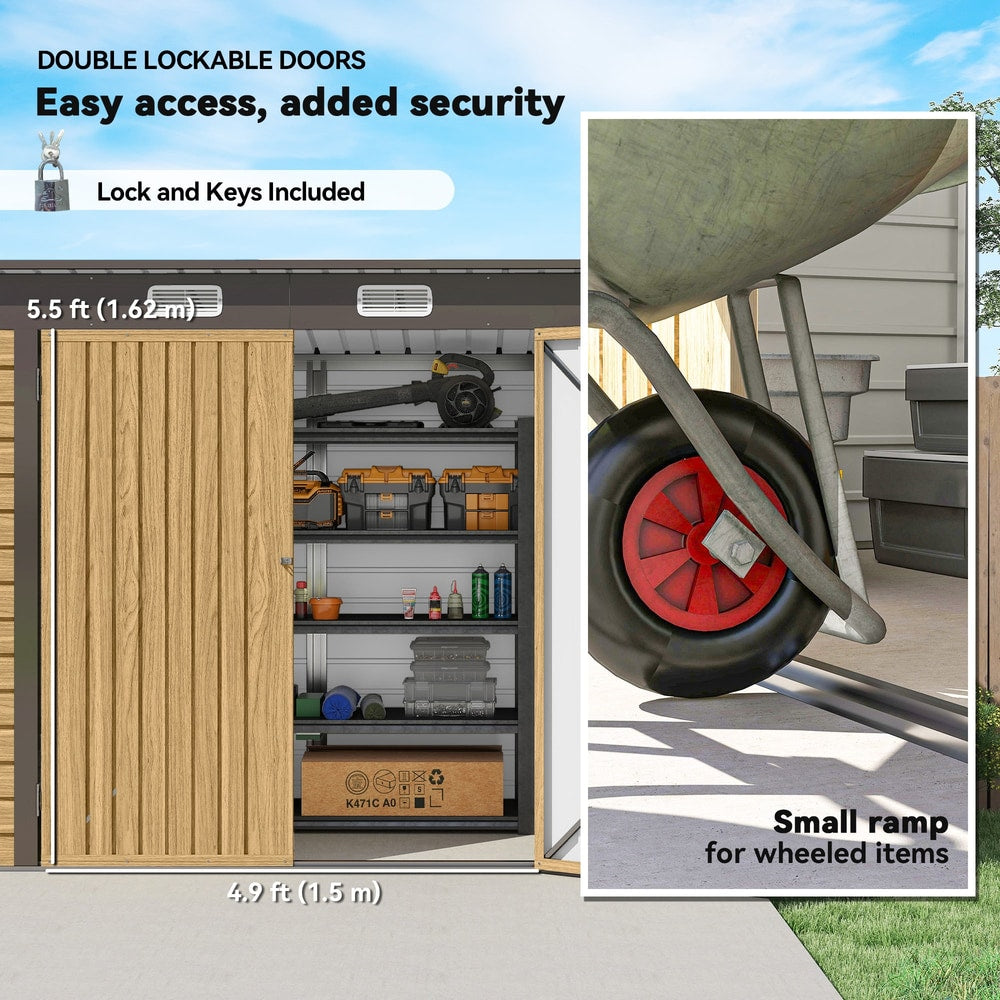The garden shed showing the lockable doors and a small ramp for easy access with wheeled items