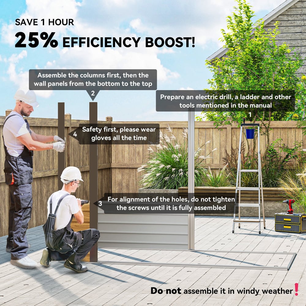 Two people assembling the garden shed on a wooden deck with instructional text overlays