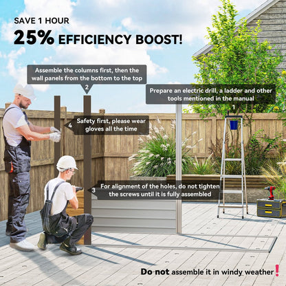 Two people assembling the garden shed on a wooden deck with instructional text overlays