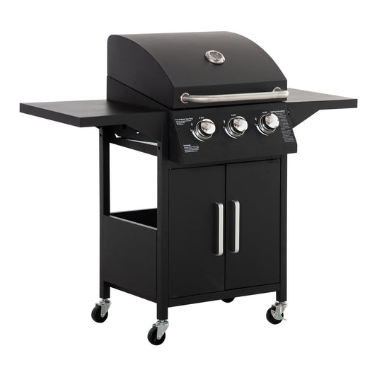 Outsunny 3 Burner Gas BBQ Grill showing the trolley with side shelves extended and storage cabinet closed