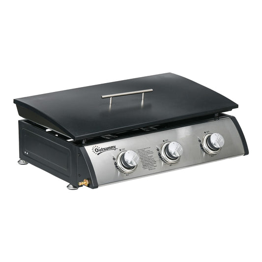 Outsunny 3 Burner Gas Plancha BBQ Grill with Lid in Black