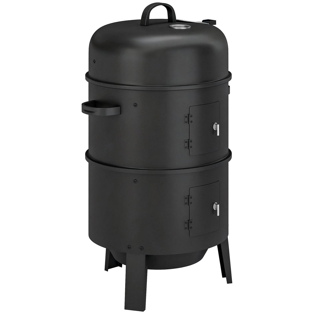 Outsunny 3-in-1 Vertical Charcoal Smoker with 2 Grill Grates, a black vertical smoker with two doors and a lid