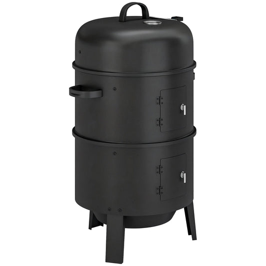 Outsunny 3-in-1 Vertical Charcoal Smoker with 2 Grill Grates, a black vertical smoker with two doors and a lid