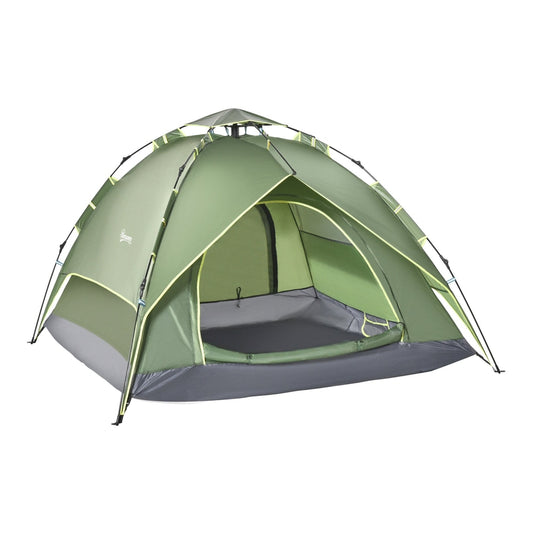 Outsunny 3 Man Camping Tent, a green pop up tent with yellow trim, shown from the front