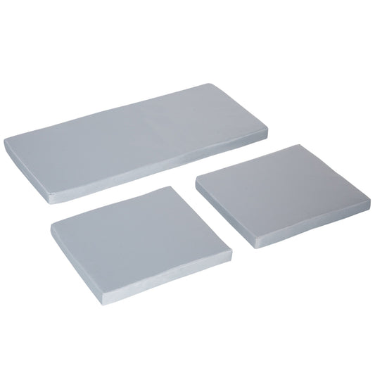 Three grey outdoor seat cushions laid out on a white background
