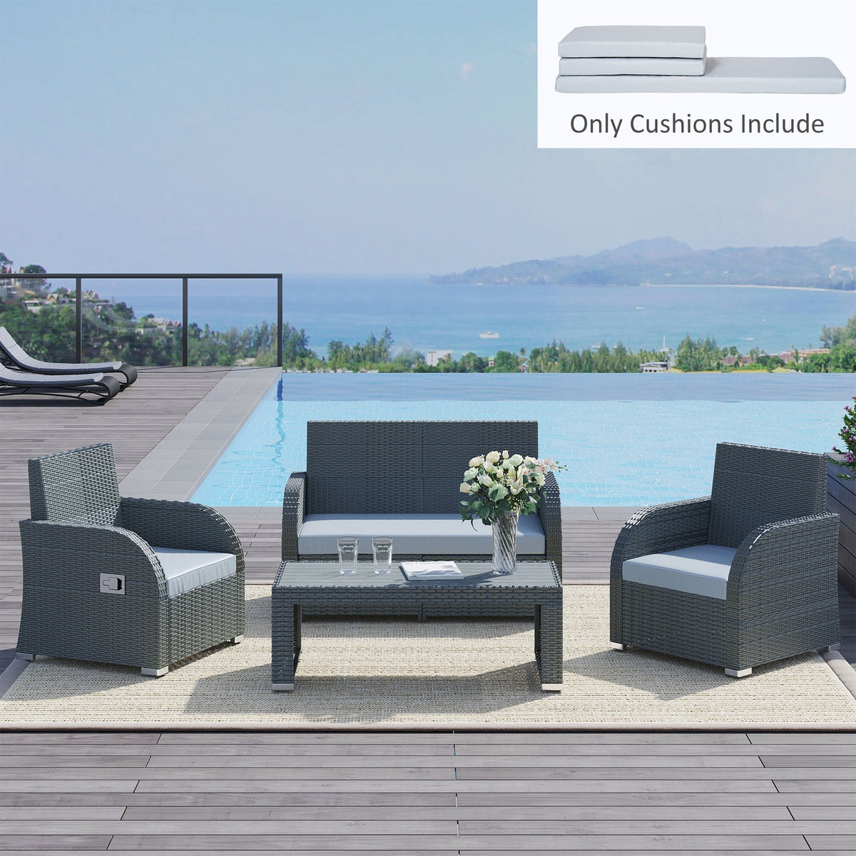 Outsunny 3 PCs Outdoor Seat Cushion for Rattan Furniture set on a rattan sofa and chairs by a pool