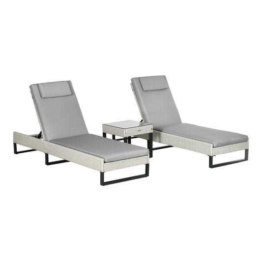 Outsunny 3-piece PE Rattan Sun Lounger Set with two grey recliners and a small coffee table