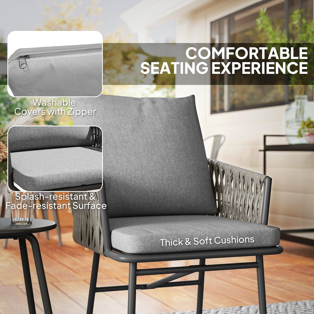 The rattan furniture set highlighting the cushion features with close-up inserts