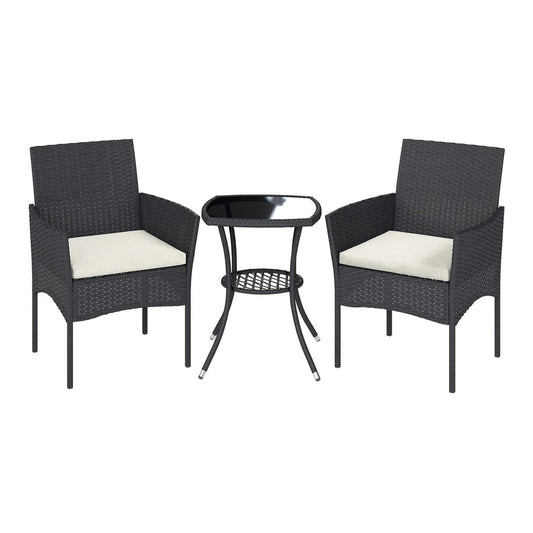 Outsunny 3 Piece Rattan Bistro Set with two chairs and a small table, all in dark grey wicker with cream cushions