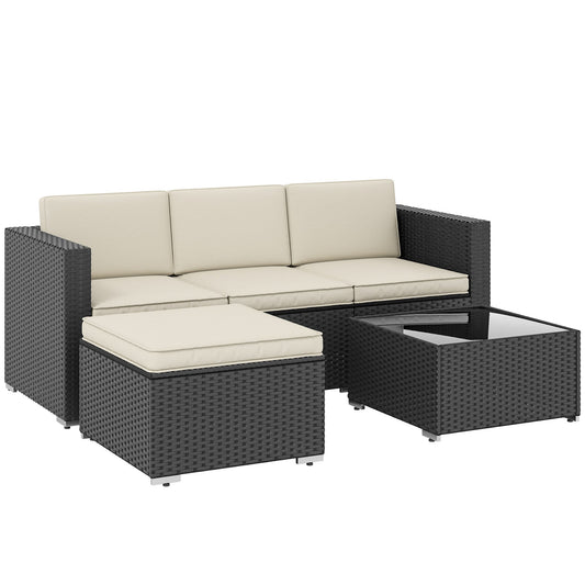 Outsunny 3 Pieces Garden Furniture Set w/ Cushions, a three-seater sofa, a corner unit, an ottoman and a coffee table
