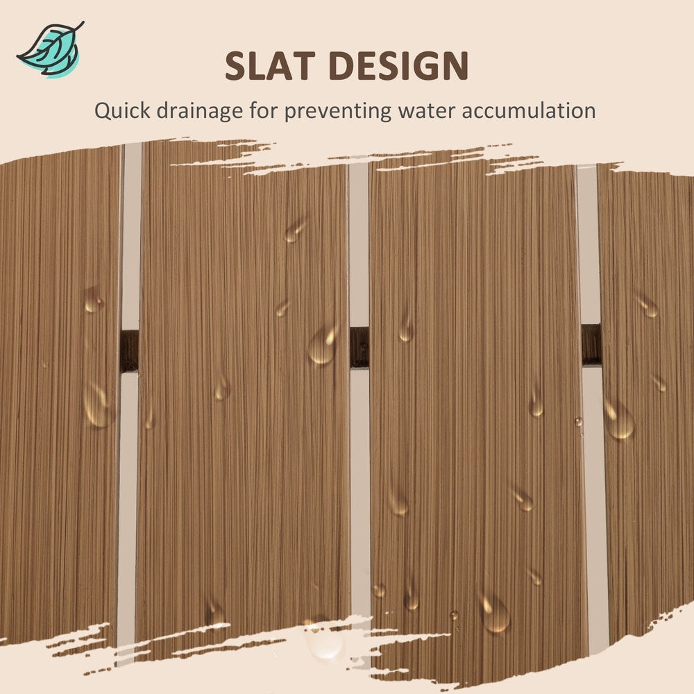 The garden furniture set surface showing the wood effect slat design with water droplets