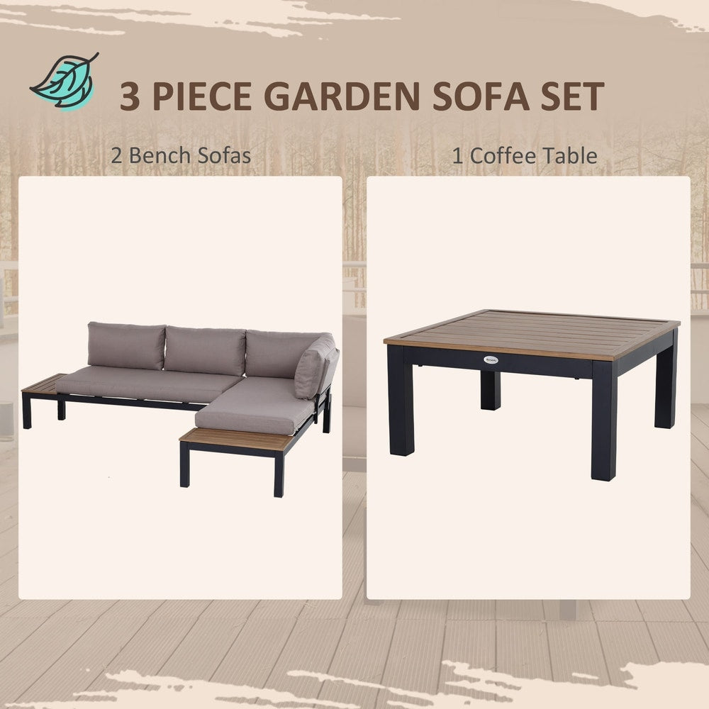 The garden furniture set components displayed as two bench sofas and one coffee table