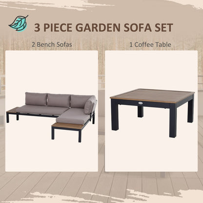 The garden furniture set components displayed as two bench sofas and one coffee table