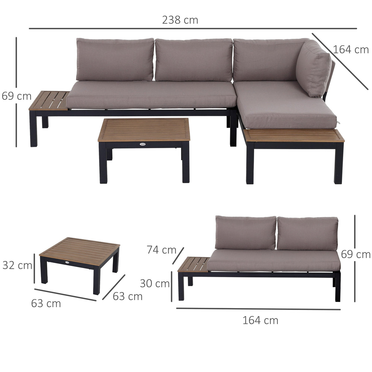 The garden furniture set shown with dimension lines and labels for height and width