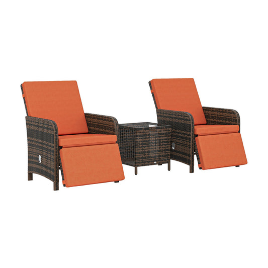 Outsunny 3 Pieces Rattan Bistro Set Balcony Furniture with orange cushions and a small table