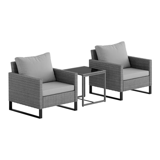 Outsunny 3 Pieces Rattan Bistro Set with 4 Cushions, grey wicker chairs and coffee table on a patio