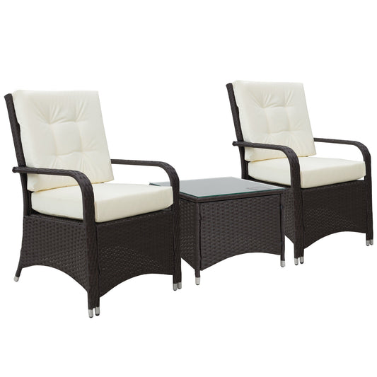 Outsunny 3 Pieces Rattan Bistro Set with Furniture Cover, two chairs and a coffee table with cream cushions