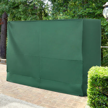 The green garden swing chair cover is shown on a swing chair outdoors