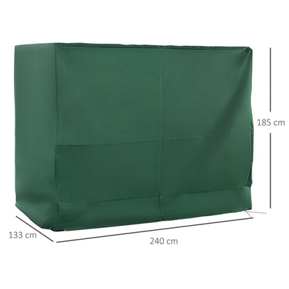 The green garden swing chair cover is shown with dimensions