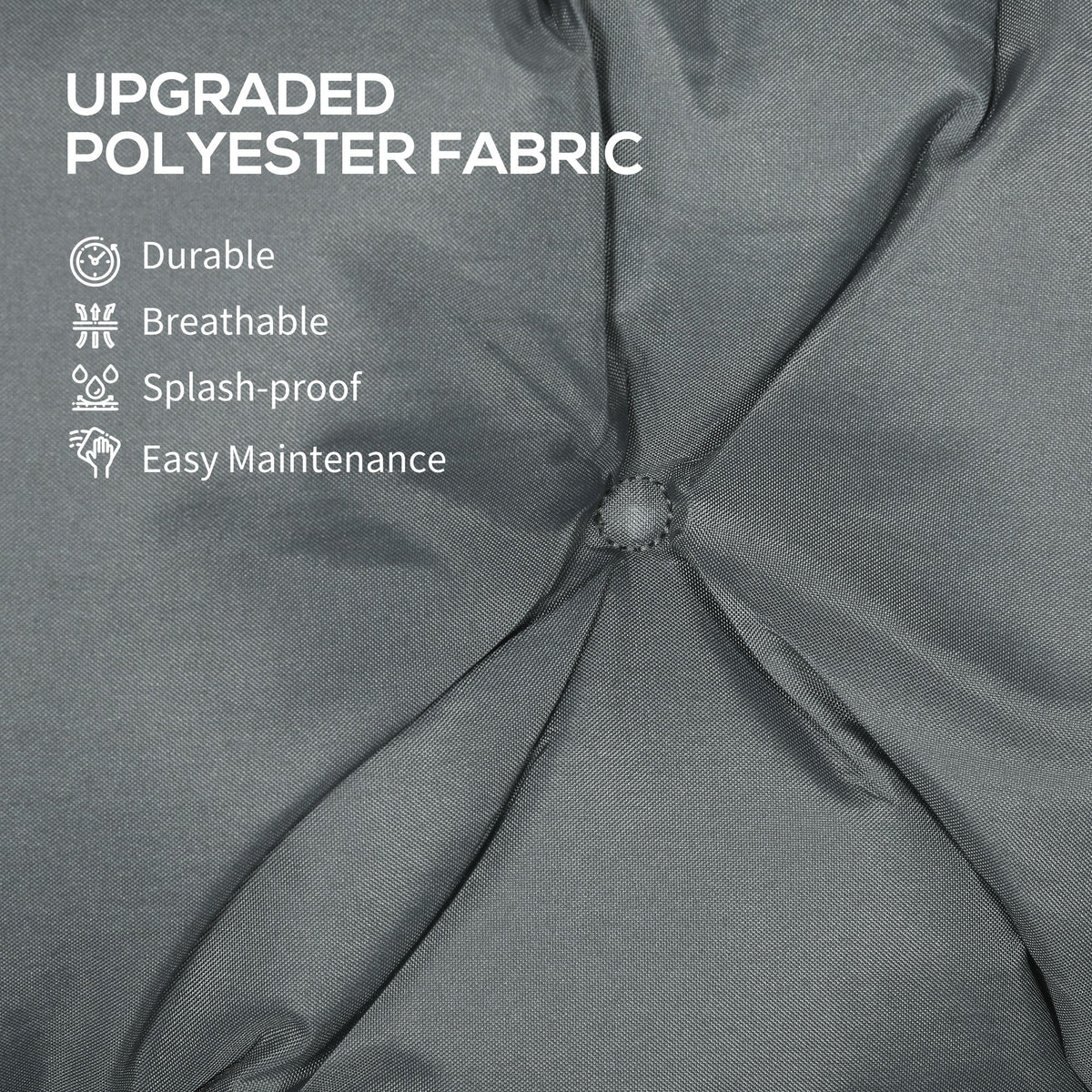 Close up of the dark grey polyester fabric on the garden chair cushion, labelled durable and splash-proof