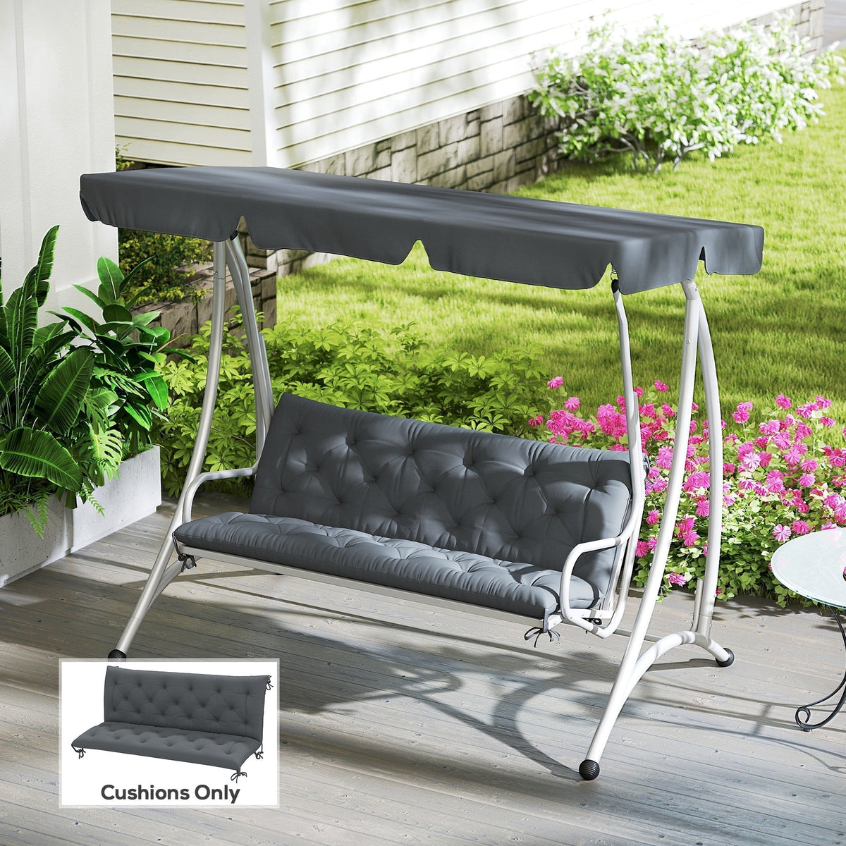 The garden chair cushion shown on a white swing seat outdoors on a patio