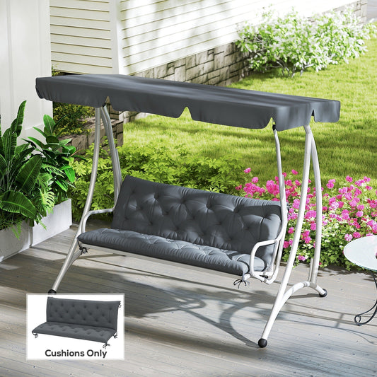 The garden chair cushion shown on a white swing seat outdoors on a patio