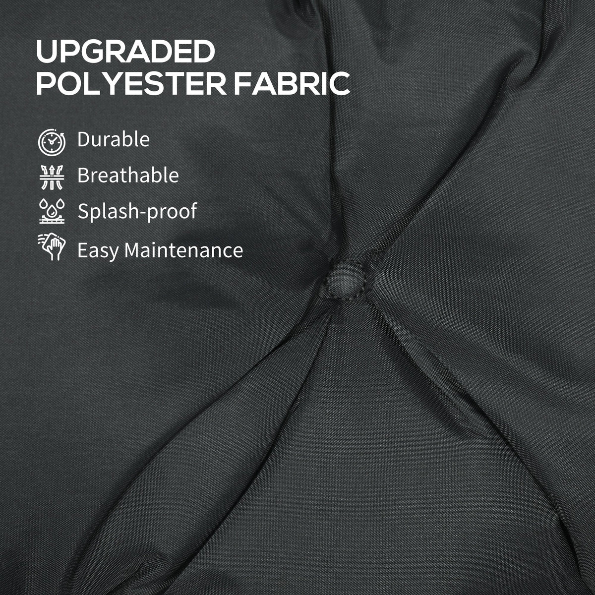 The black garden bench cushion fabric texture with overlaid text detailing product benefits