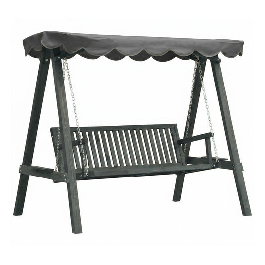 Outsunny 3 Seater Garden Swing Seat with Canopy, a wooden garden swing seat with a grey canopy, shown from the front