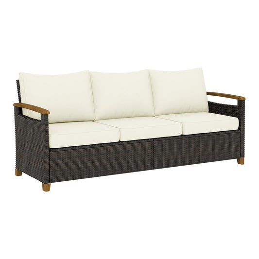 Outsunny 3 Seater Rattan Garden Sofa with cream cushions and wood-effect armrests on a white background
